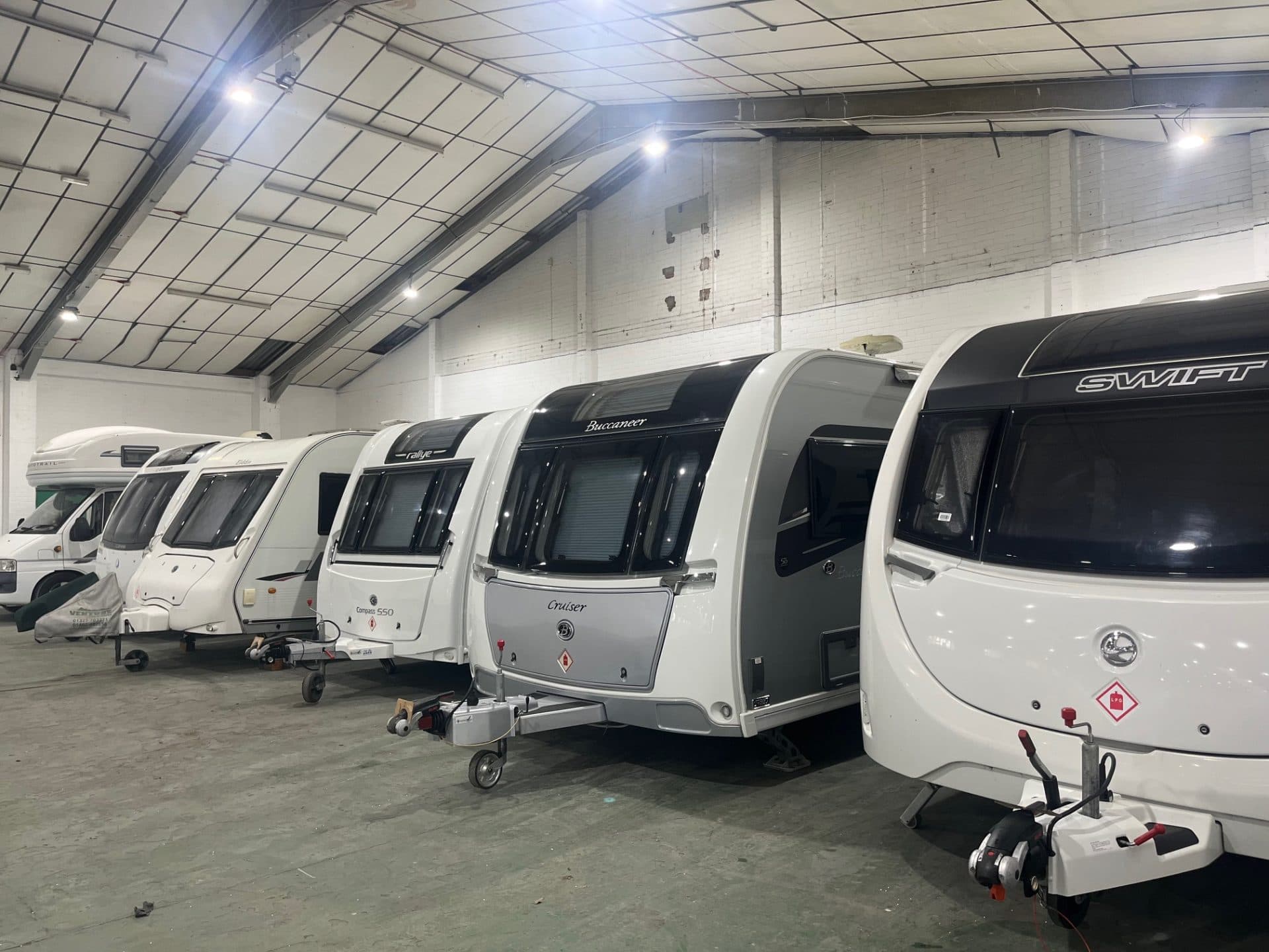 Row of caravans stored under cover at MTS Storage, Sheffield