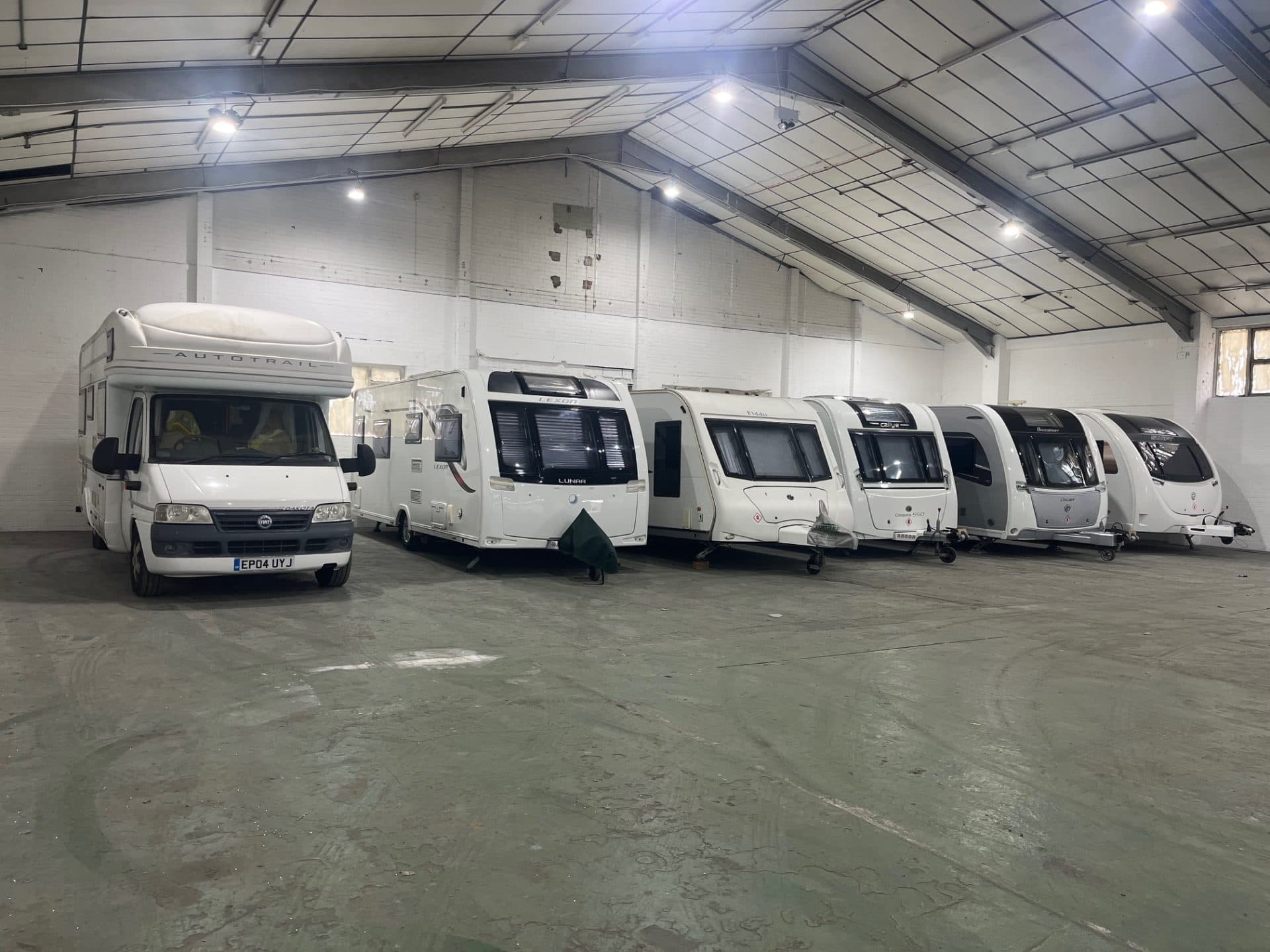 Wide view of caravans in the storage building